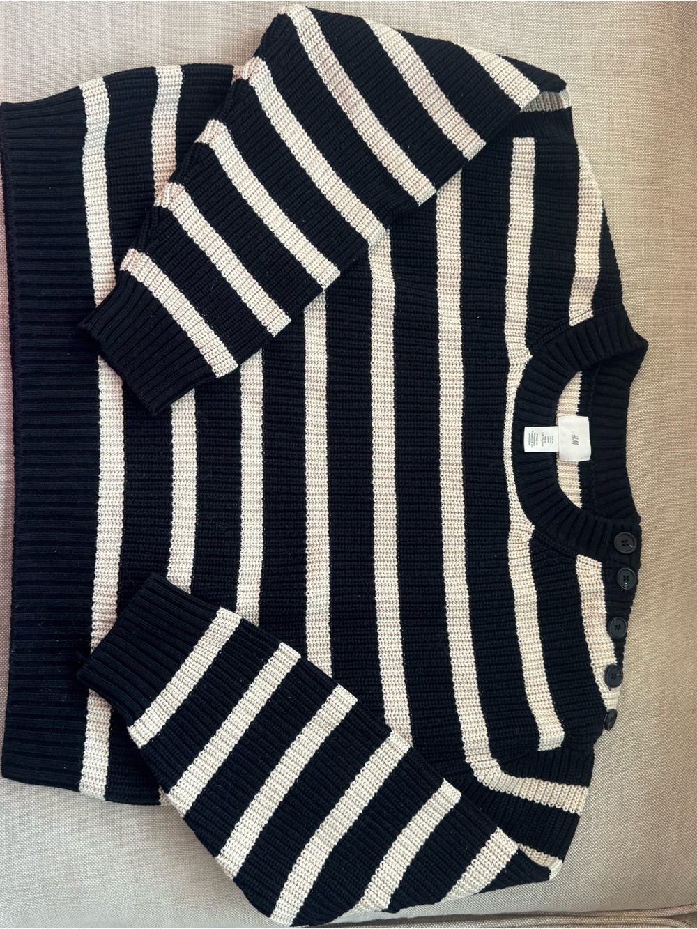H&M Black and Cream Striped Crewneck Sweater with Shoulder Buttons